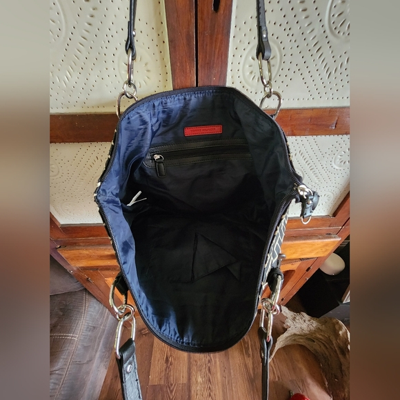 Tommy Hilfiger Logo Black Patterned Tote Bag with Faux Leather Trim Purse - Picture 3 of 6